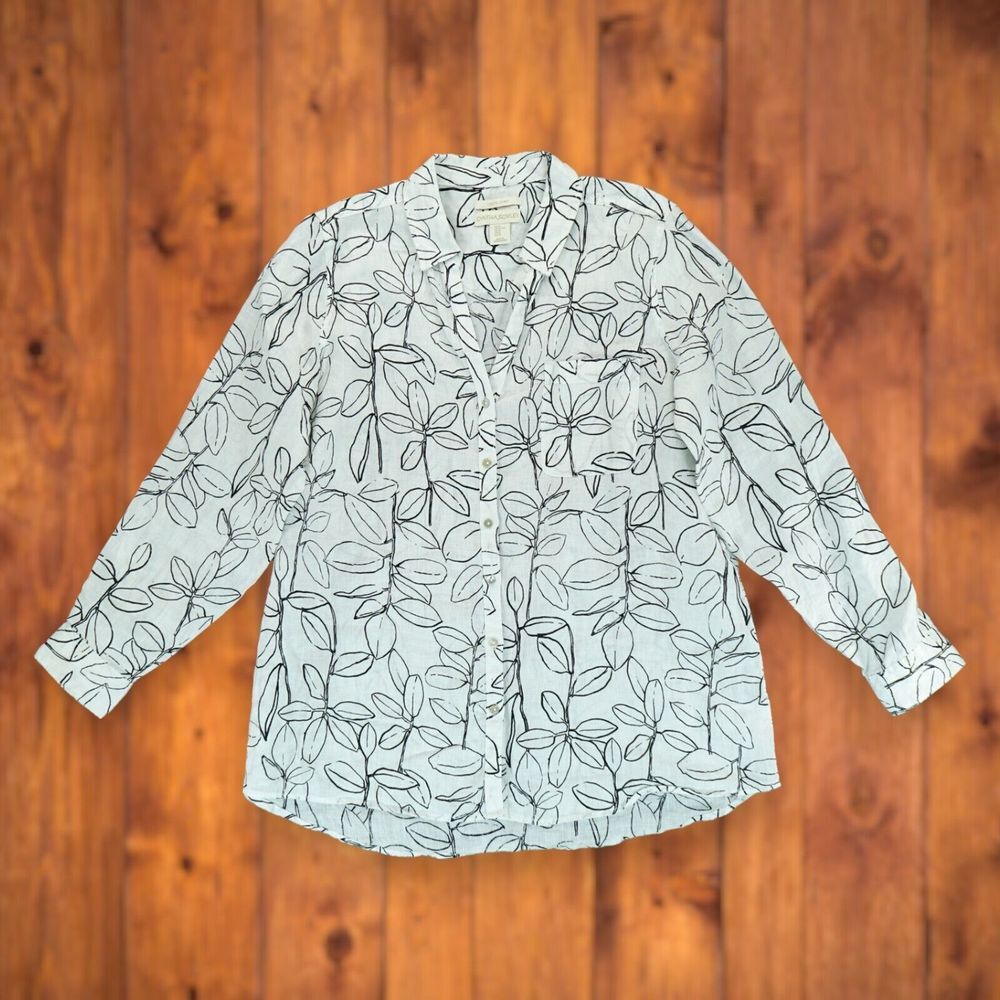 Cynthia Rowley 100% Linen Blouse Floral Print Women's‎ Roll Tab Sleeve XL